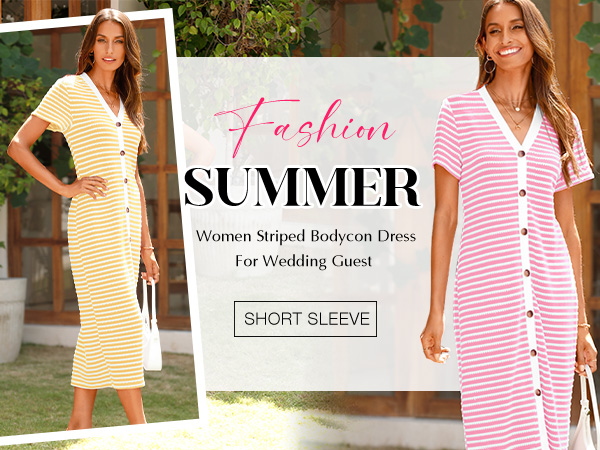 BTFBM Women Casual Summer Dresses Short Sleeve Striped Midi
