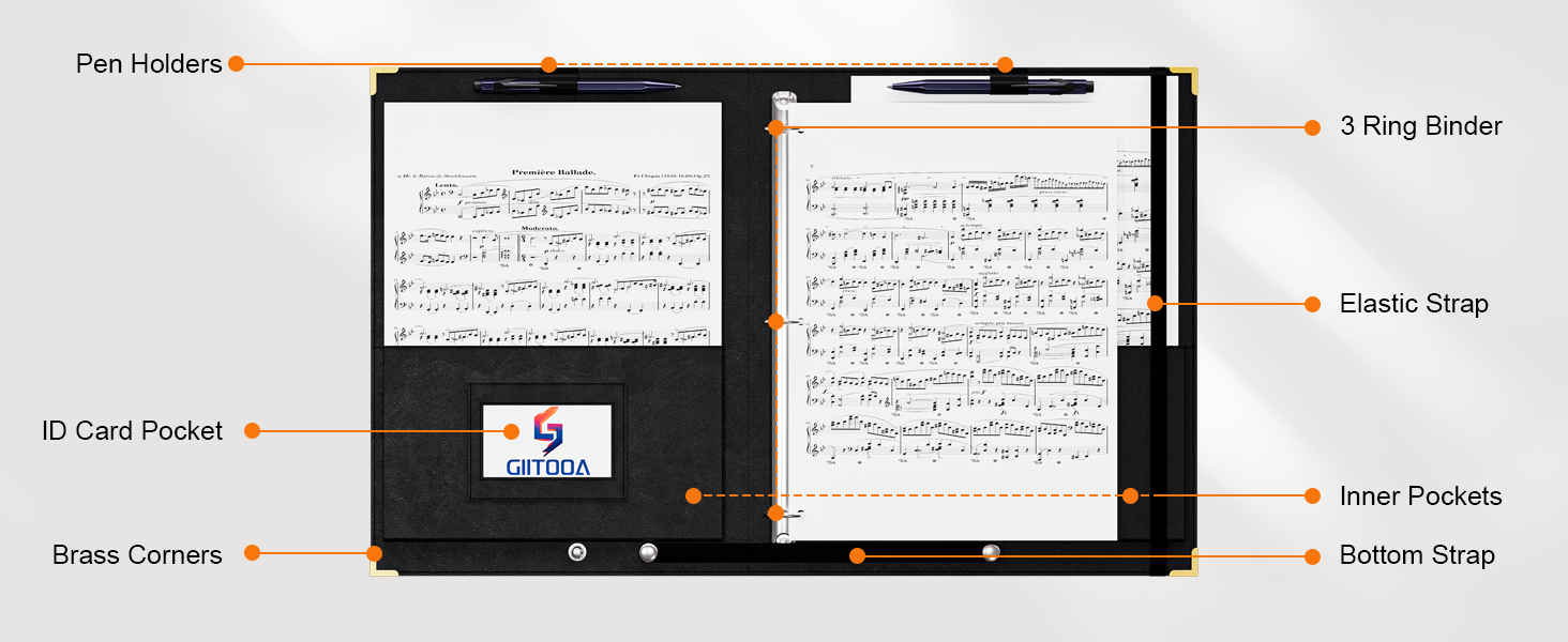 Choral Music Folders 3 Ring, Sheet Music Folder with Hand and Strap, Letter / A4