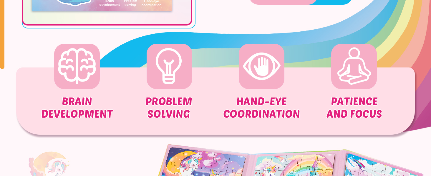 Educational infographic showing four developmental benefits with icons: brain development, problem solving, hand-eye coordination, and patience and focus.