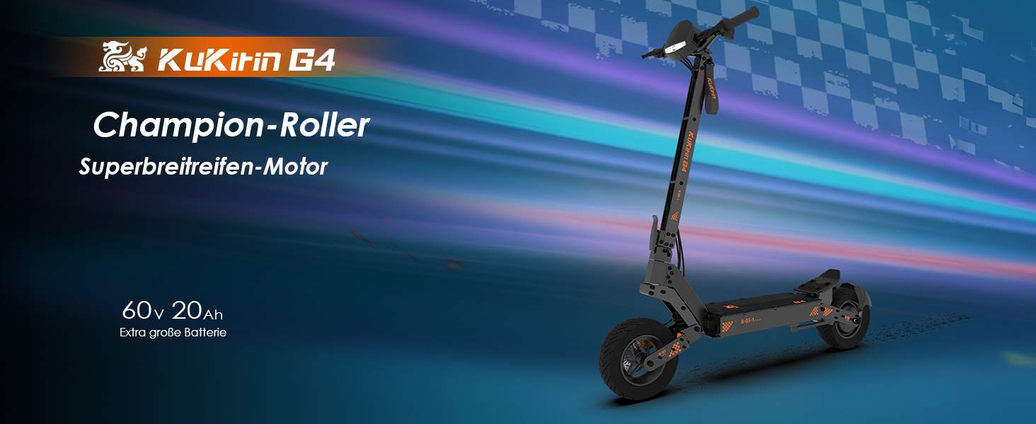 Elektroroller vor blauem Hintergrund mit kariertem Rennmuster. Verfügt über ein elegantes schwarzes Design mit Lenker und Klappmechanismus