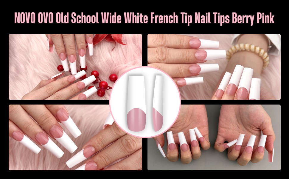 Old School Wide White French Tip Nail Tips Berry Pink