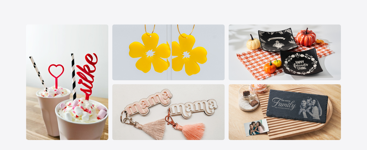 Collection of lifestyle product photos including beverages, yellow flower accessories, pink decorative items, and packaged treats arranged in a grid layout.