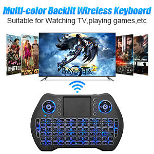 Wireless mini keyboard with blue backlit keys and touchpad, advertised for TV and gaming use, shown with entertainment content examples.