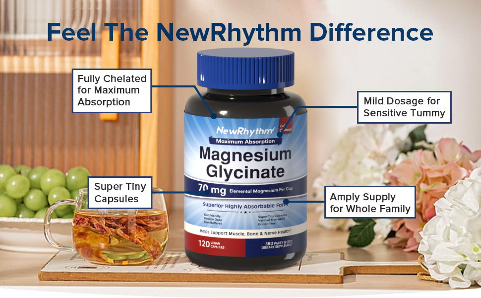 NewRhythm Magnesium Glycinate delivers 70 mg elemental magnesium in a tiny capsule.