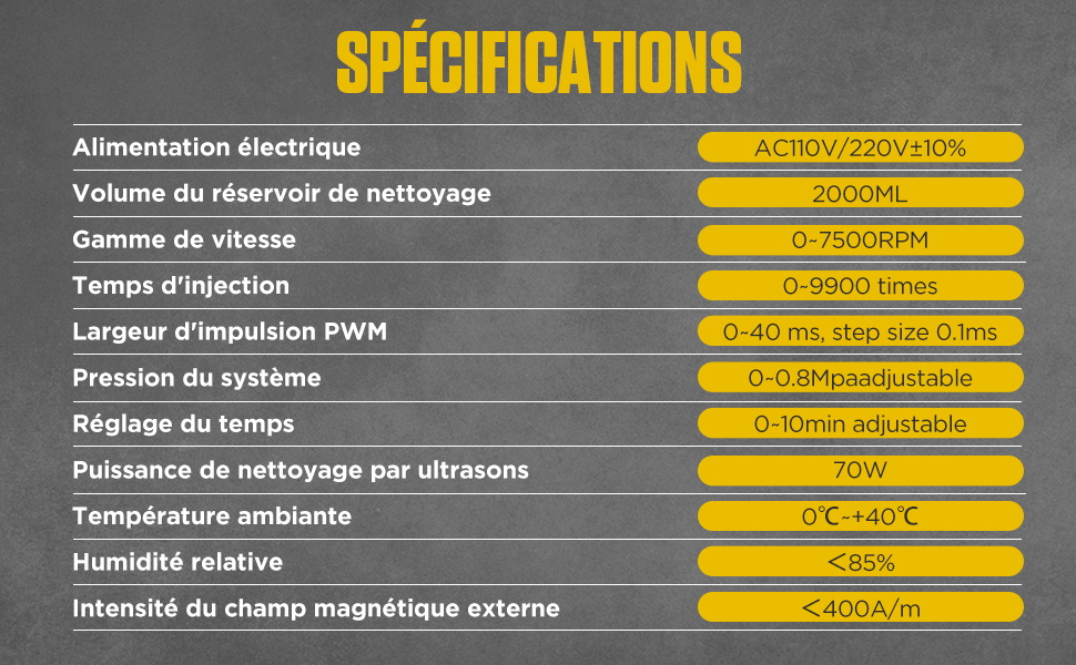 Tableau des spécifications techniques en français montrant divers paramètres, notamment l'alimentation électrique, le volume de nettoyage, la plage de vitesse et la pression du système avec des barres surlignées en jaune.