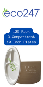 10 Inch 3-Compartment Sugarcane Bagasse Plates, 125 Count