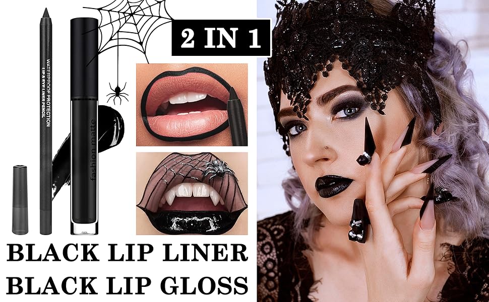 Black Matte Lipstick and Lip Liner Pencil Set,Full