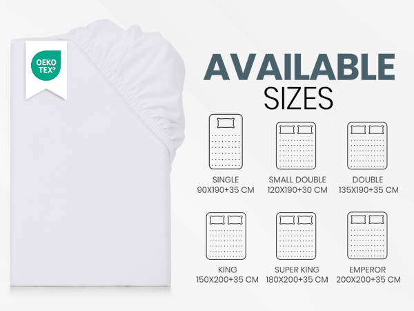 White duvet cover with Oeko-Tex certification label. Chart showing available sizes: Single, Small Double, Double, King, Super King, and Emperor, with dimensions for each.