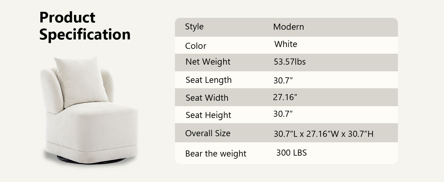 Swivel Accent Chair for Living Room,360° Rotating Barrel Chair with Square Back Pillow,Cream White