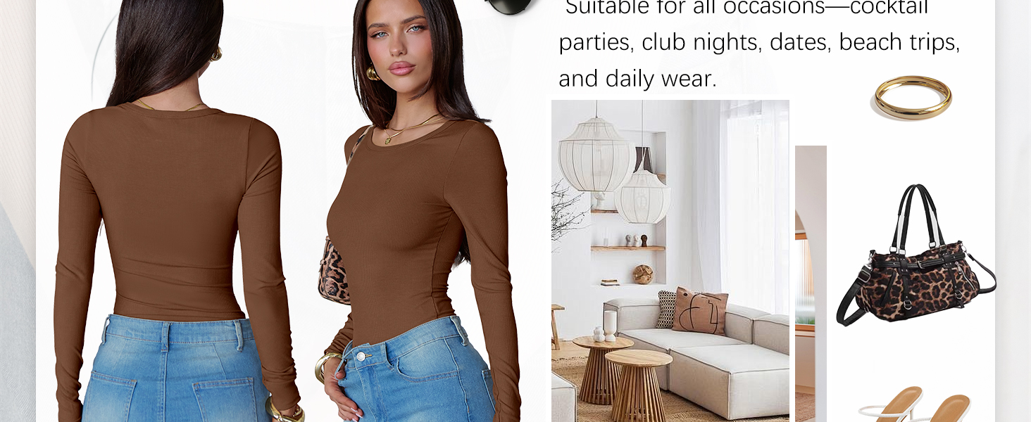 Women Long Sleeve Crew Neck Bodysuits Top TShirts Sexy Solid Trendy Clothes Outfits