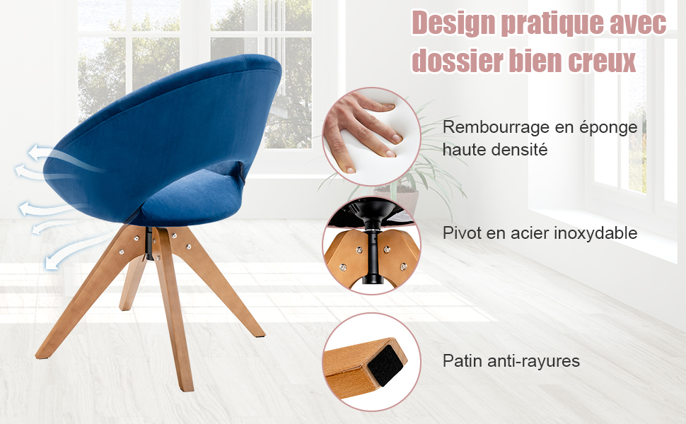 RELAX4LIFE Fauteuil Rembourrée Circulaire En Velours Avec Siège Pivotante Et 4 Pieds En Hêtre, Chaise Coiffeuse En Velours Conception Ergonomique Charge Max 150 Kg, 67 X 57 X 81,5 CM (Gris) 13 5