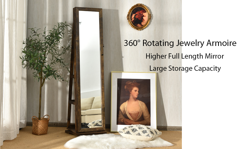 CHARMAID 360° Rotating Jewelry Armoire with Higher Full Length Mirror
