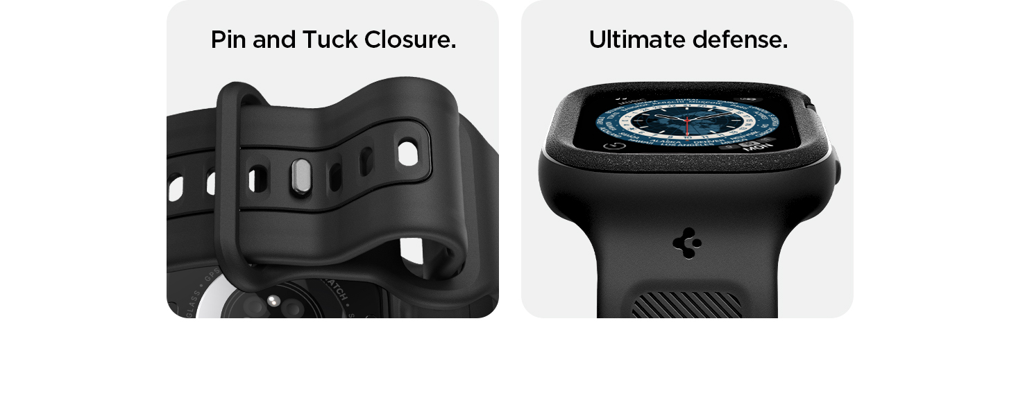 Geteiltes Bild des Smartwatch-Zubehörs: Auf der linken Seite befindet sich ein schwarzes Kautschukband mit Steckverschluss, auf der rechten Seite das Zifferblatt mit blauem Digitaldisplay und der Text „Ultimate
