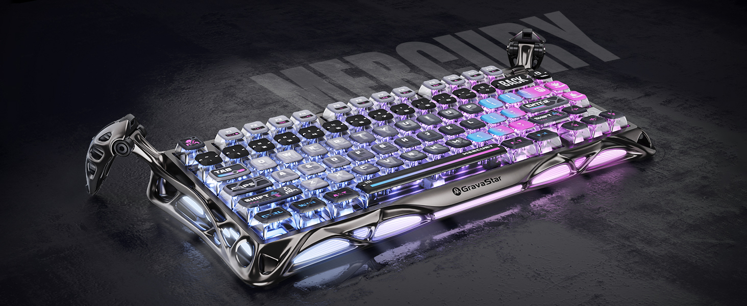 Cyberpunk mechanical keyboard with RGB lights and aluminum frame.