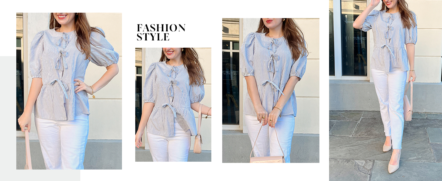 PRETTYGARDEN Womens Fashion Striped Shirts Ruffle Hem Button Front Top