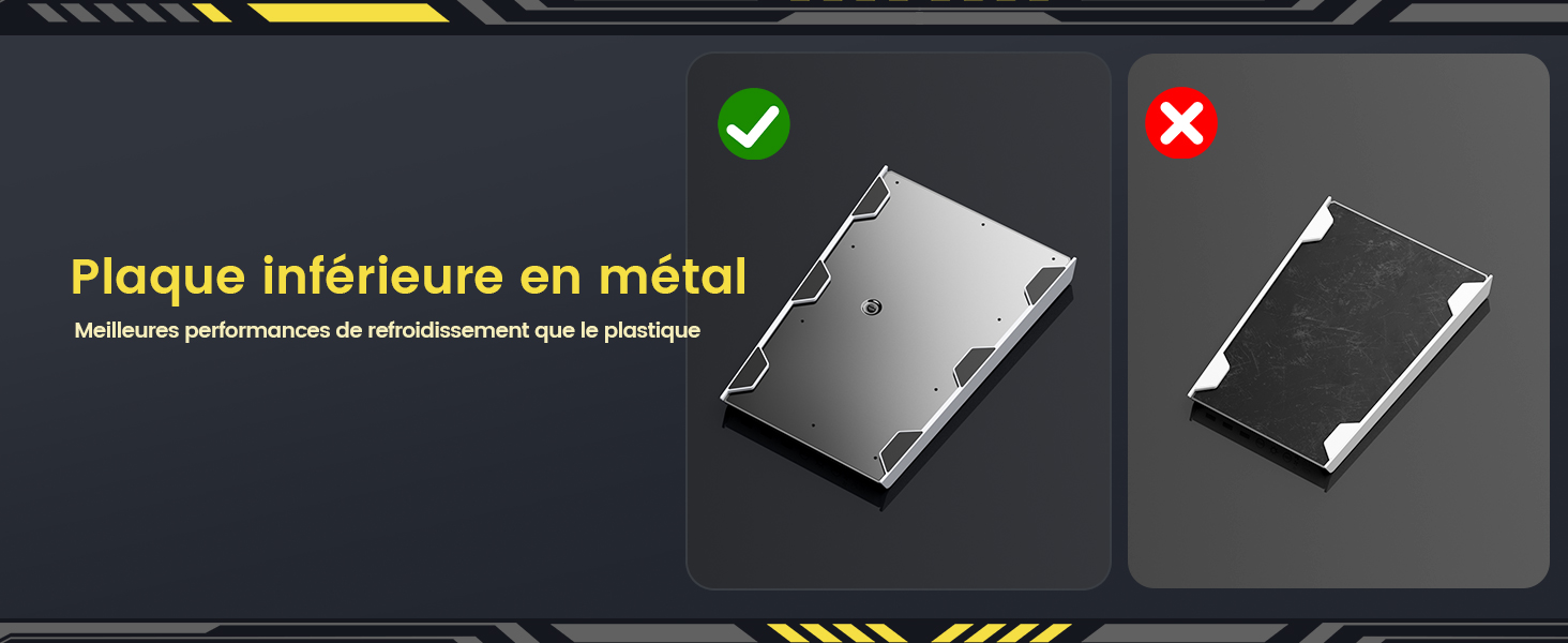 Comparaison des plaques intérieures en métal et en plastique. À gauche, une plaque en métal argenté cochée, à droite, une plaque en plastique noir avec X. Le texte en français explique les performances supérieures du métal