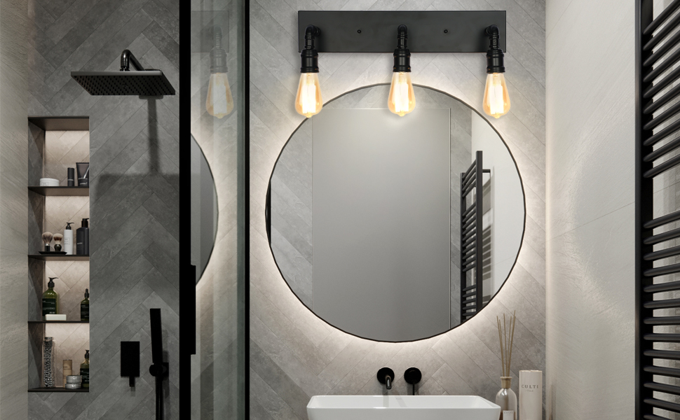 Retro Style Industrial Bathroom Vanity Light 3 Lights Vintage Matte Black Wall Sconce