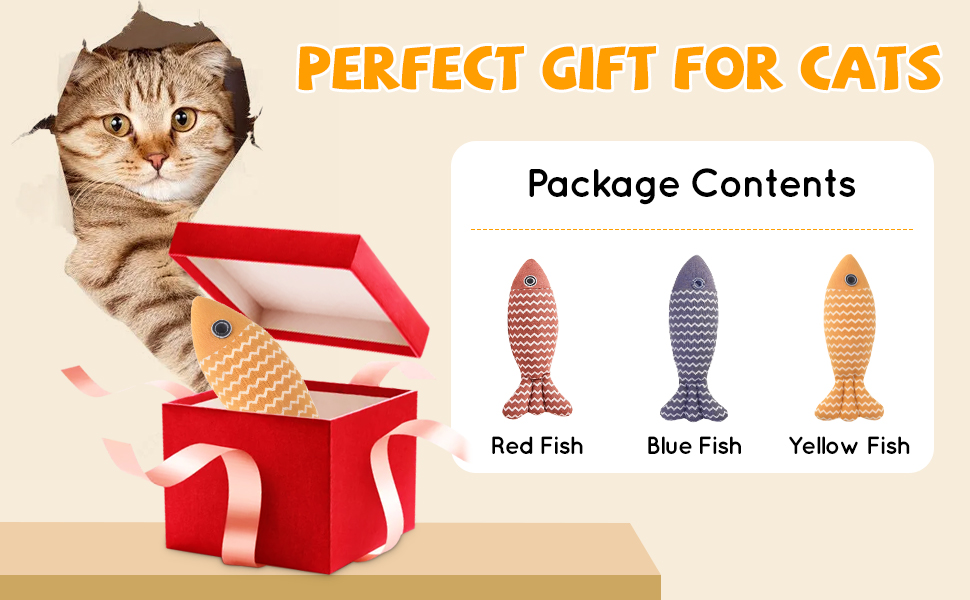 Kemowi 3pcs Catnip Toy, Fish Cat Toys For Indoor Cats Adult, Soft Linen Chew Toy, Kitten Teething Catnips Toy, 3 Color Fish Shaped Cat Interactive Toy, Red Navy Yellow 19 Perfect Gift for your cats