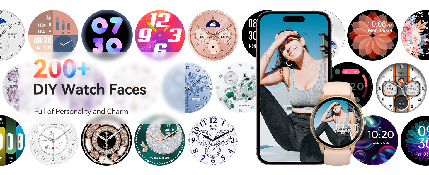 Collection of customizable digital watch faces showing various designs including clocks, patterns, and decorative elements. Text indicates '200+ DIY Watch Faces' available.