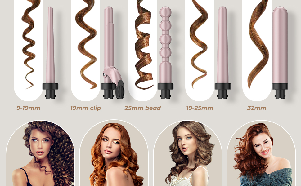 Curling Wand Iron Tongs 9mm32mm PTC 5 in 1 Ceramic Barrels LCD 80°C