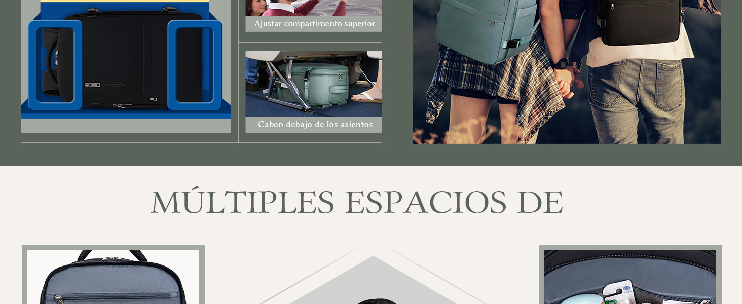 Imagen compuesta que muestra varios espacios de almacenamiento. Incluye maletero, espacio de almacenamiento debajo del asiento y compartimentos superiores. Texto en español: «MÚLTIPLES