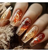 Square Press on Nails Medium Coffin Fake Nails with Designs Gold Leaf Glue on Nails Red Acrylic F...