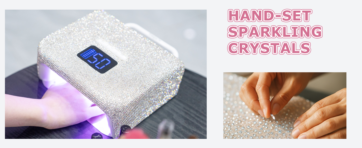 hand-placed shimmering crystals on UV nail lamp showcasing elegant and luxurious design details