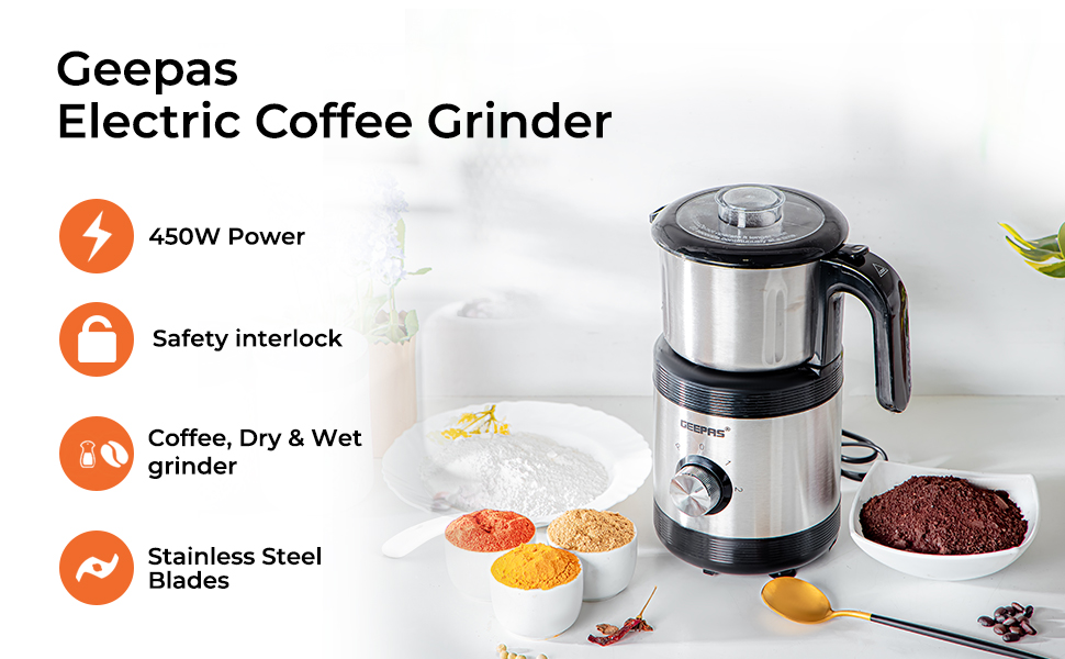 Geepas Coffee Grinder Food Processor 450W Electric Wet & Dry Grinder