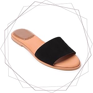 Black and tan flat sandal with a gel heel cushion for comfort.
