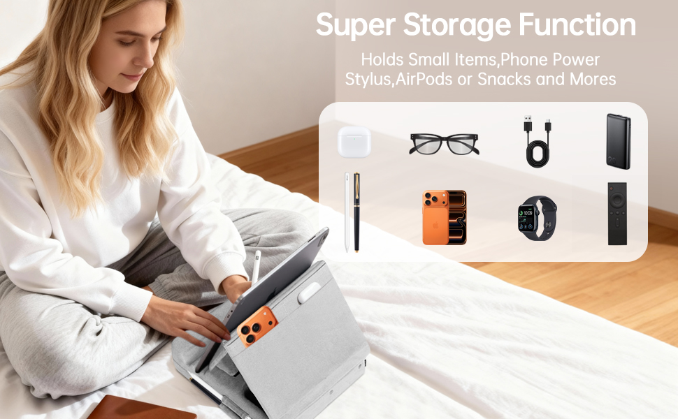 Tablet Pillow Stand with Storage, Foldable iPad Holder for Lep, Bed, Sofa, and Desk