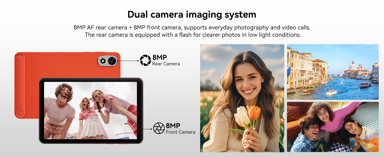 Text reads 'Dual camera imaging system'. Product advertisement showing orange device with multiple sample photos displaying landscape and portrait capabilities.