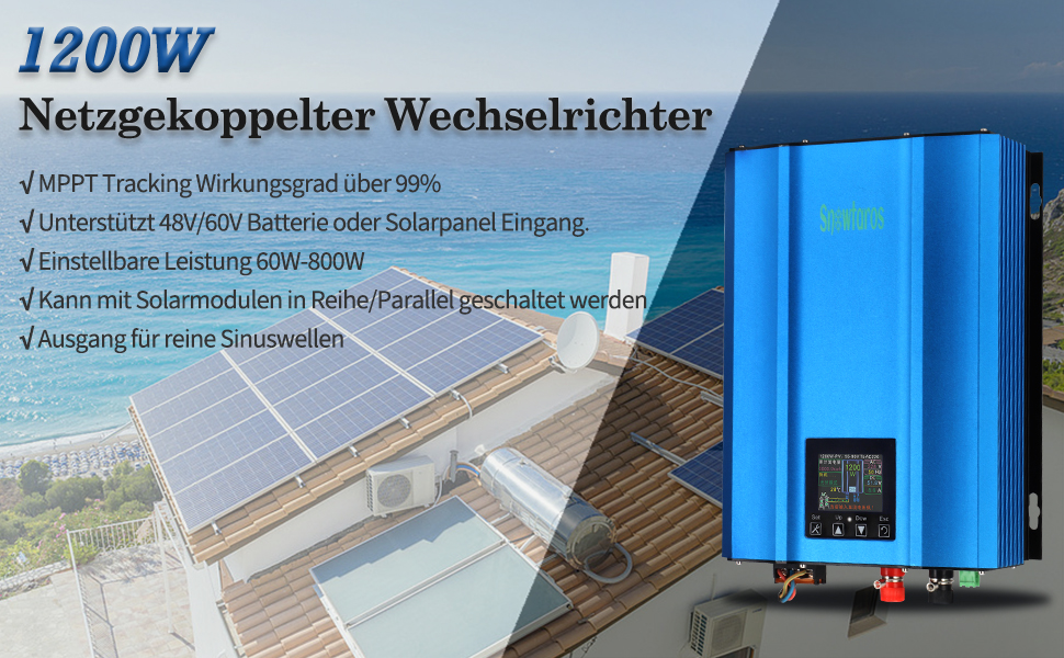 Snowtaros 1200 W omvormer DC55V90V, MPPT pure sinus AC 230V uitgang, Grid Snowtaros 1200 W omvormer DC55V90V, MPPT pure sinus AC 230V uitgang, Grid