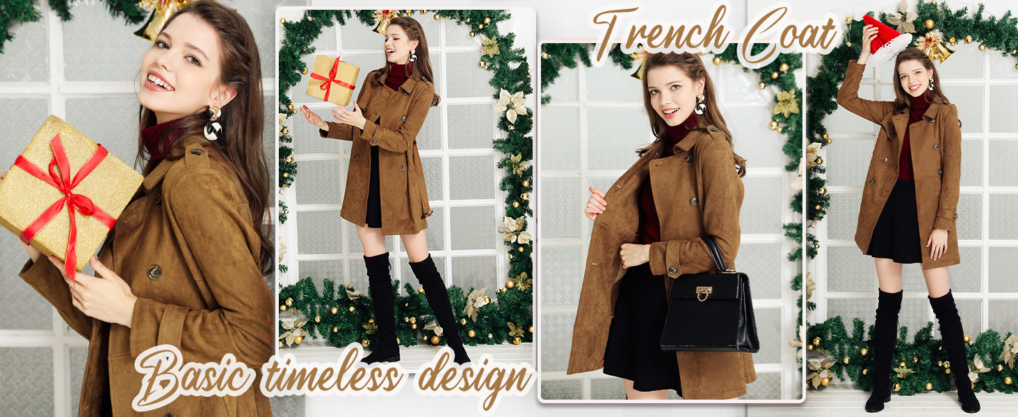 Brown trench coat showcased in four panels, featuring double-breasted design, belt, and knee-length cut. Model poses with gift box and handbag against festive background.