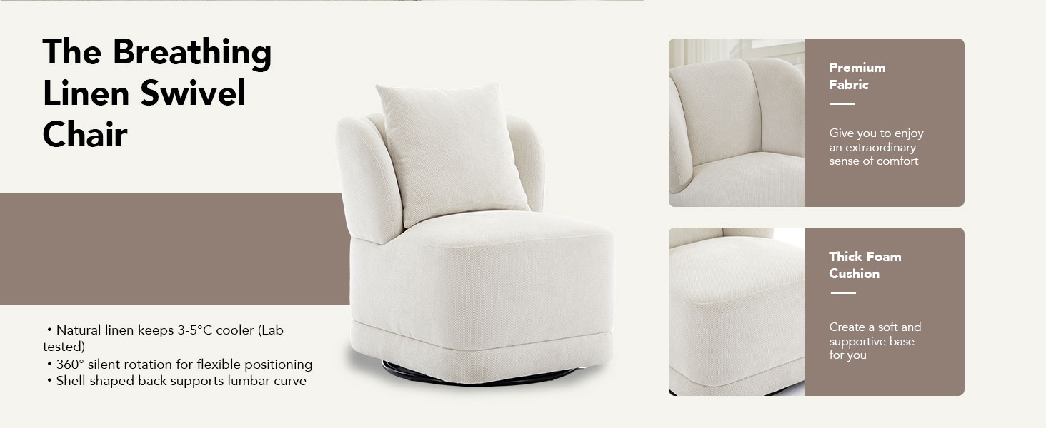 Swivel Accent Chair for Living Room,360° Rotating Barrel Chair with Square Back Pillow,Cream White