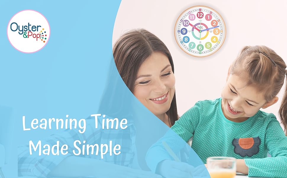 Kids wall clock, teaching clock, pastel classroom decor, telling the time in a learning setting.
