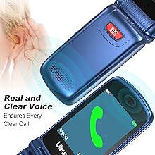 Two blue flip phones, one open showing green phone icon on screen. Text overlay reads 'Real and Clear Voice Ensures Every Clear Call'.