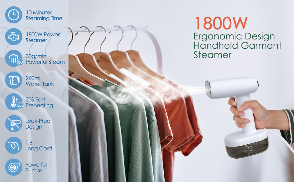 Homuserr Handheld Clothes Steamer, 1800W Powerful Steamer Clothing 15s
