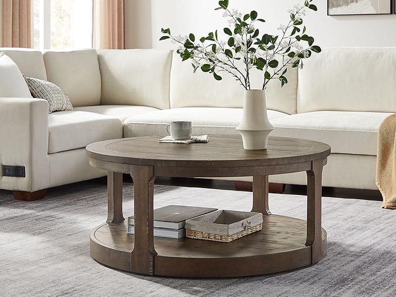 40" Modern Round Coffee Table with Wheels, 2 Tier Solid