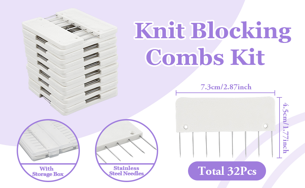 LAMXD 8 Pins Knit Blocking Pins Kit,Knit Blocking Combs 32 Combs for Blocking