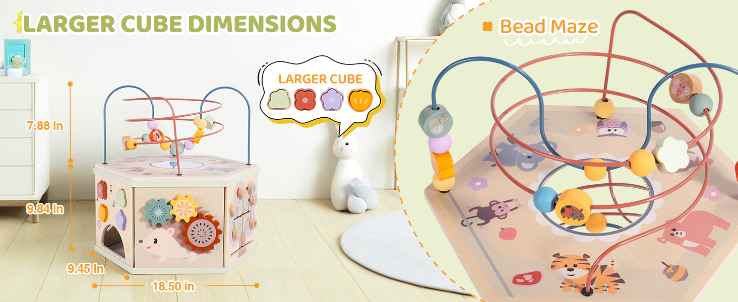 The large activity cube is made of premium wood with a sturdy structure.