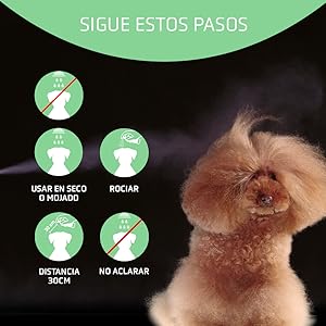 Instrucciones para el cuidado de mascotas con iconos: usar en seco o húmedo, rociar, mantener una distancia de 30 cm, no enjuagar. La imagen borrosa de un perro muestra el uso del producto