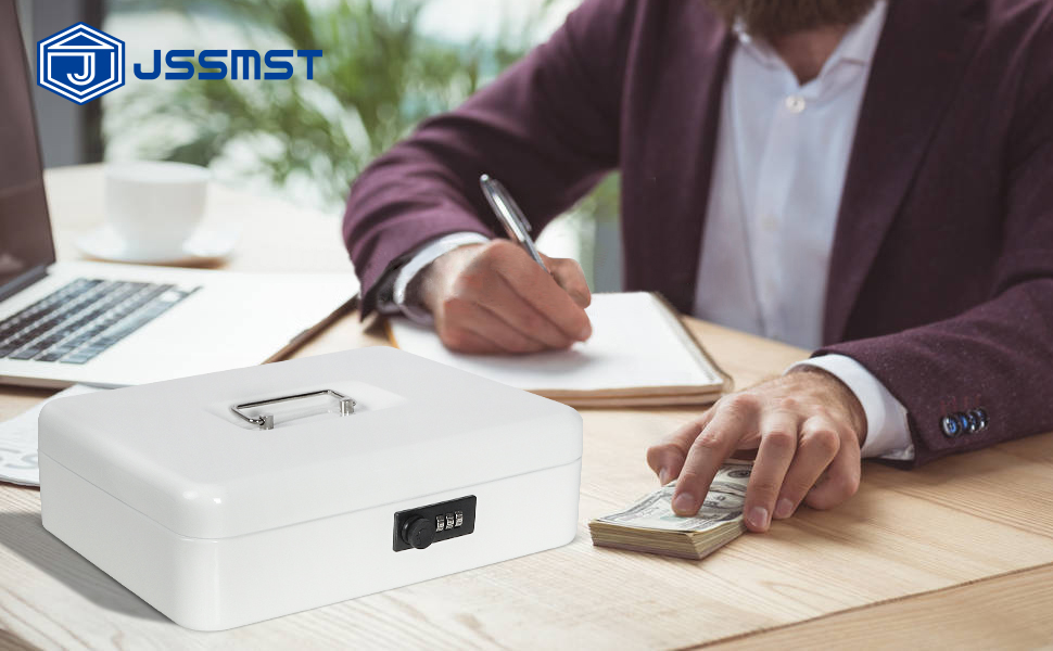 Jssmst XLarge Cash Box with Combination Lock Durable Metal Cash Box with Money Tray, White