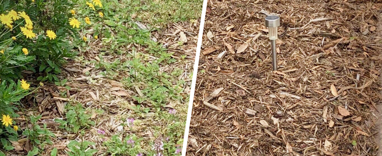 Split image comparing two ground cover types: left side shows grass with yellow flowers, right side displays wood chip mulch with a small metal stake visible.