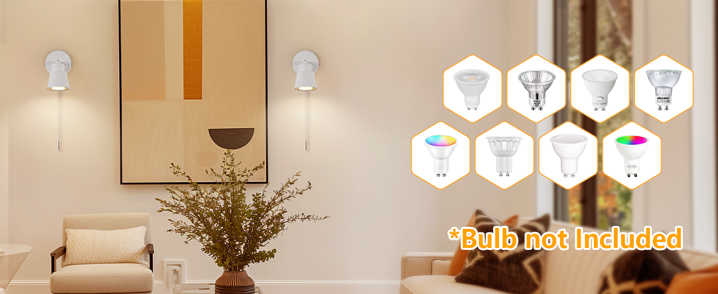 Living room with two wall sconces, couch, and plant. Icons show various lighting options. Text 'Easily controlled' at bottom.