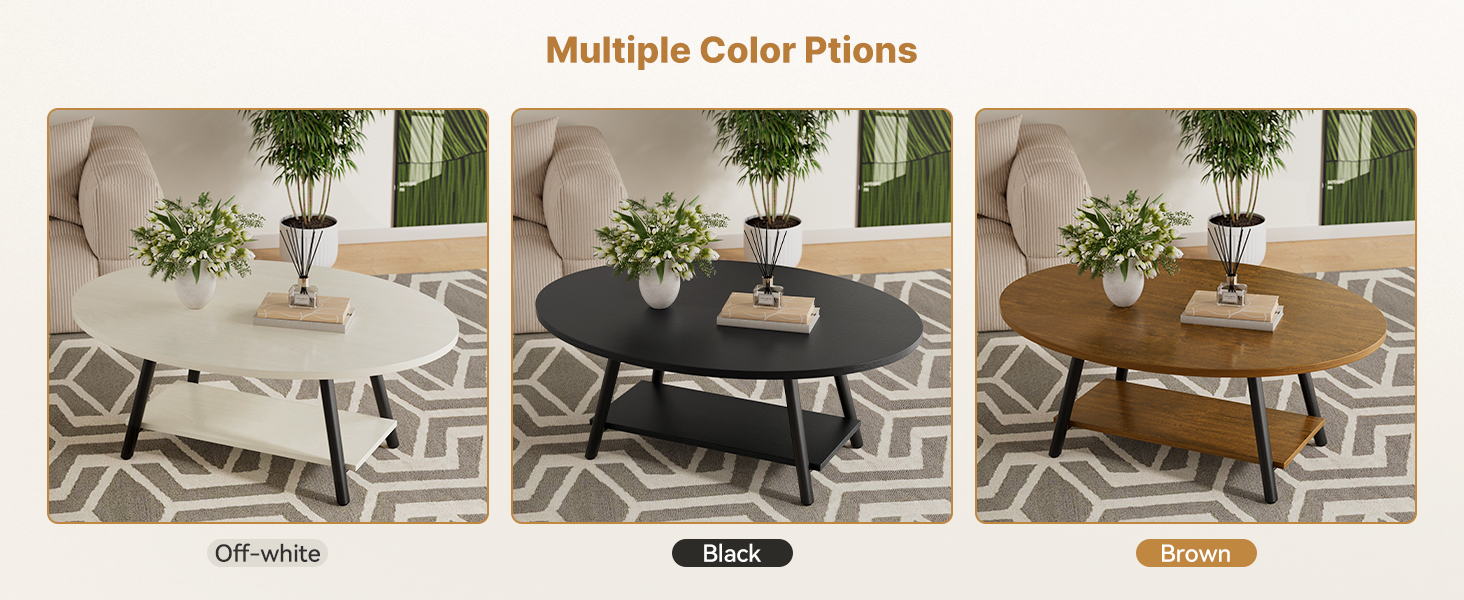 Three circular coffee tables shown in different colors: off-white, black, and brown. Each table has a modern design with a flat top and angled legs, displayed on a patterned rug.