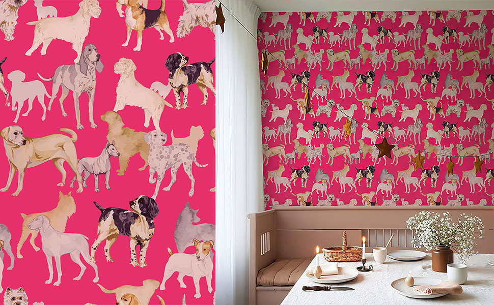 GaliGali Peel and Stick Wallpaper, Pink Dog Pets Wall Paper, Self