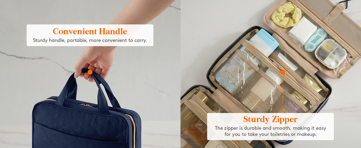 Navy blue travel organizer case shown both closed with handles and open displaying multiple compartments for toiletries and accessories.