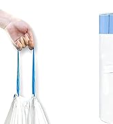 Hand-held white plastic bag with blue handles. Partially visible cylindrical white and blue container in the background, possibly for storing or dispensing bags.