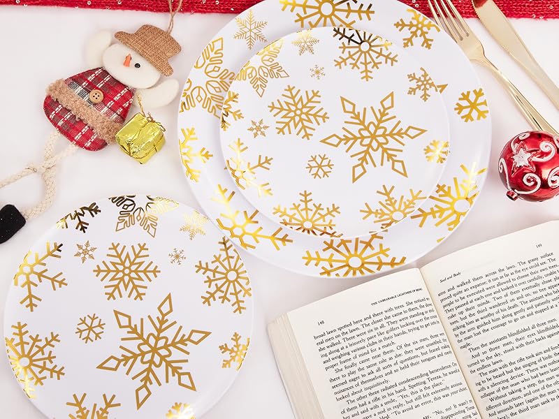 WDF 50 Pieces Plastic Christmas Plates White and Gold Plates with Snowflake