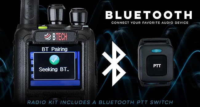 DMR-6X2 PRO displaying Bluetooth pairing screen alongside a Bluetooth PTT switch.